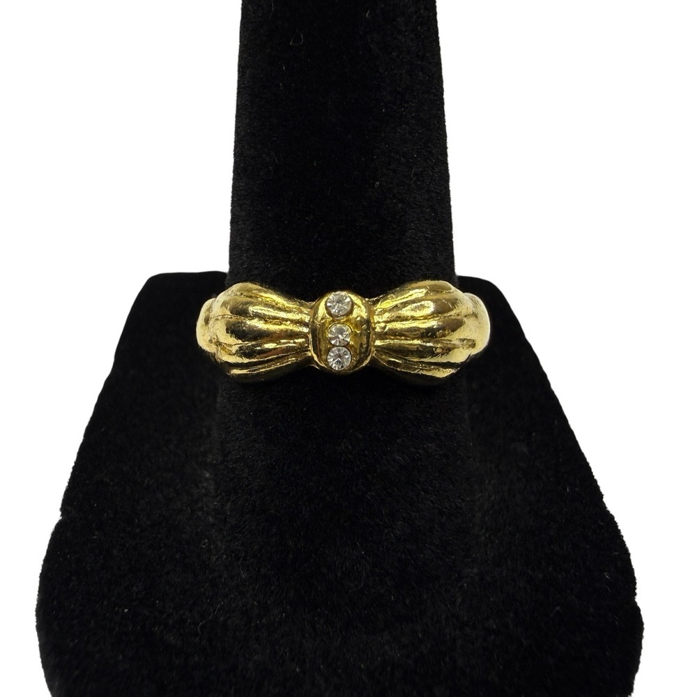 Elegant Gold Tone Bow Ring with Clear Rhinestones Fashion Jewelry Sz 7